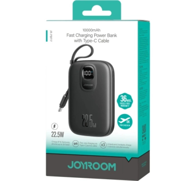 JOYROOM Батарея універсальна JOYROOM 10000mAh, 22.5W, PD, QC, built-in USB-C cable, Black (JR-PBF17)