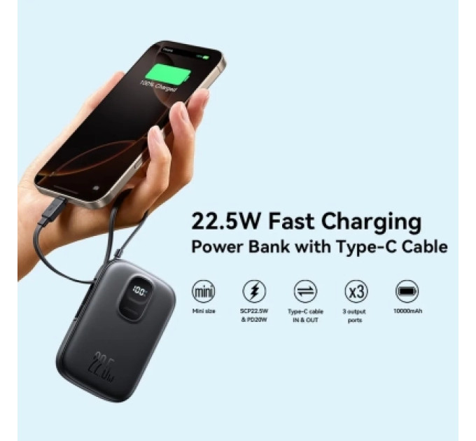 JOYROOM Батарея універсальна JOYROOM 10000mAh, 22.5W, PD, QC, built-in USB-C cable, Black (JR-PBF17)