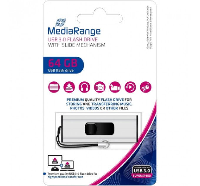 USB флеш накопичувач Mediarange 64GB Black/Silver USB 3.0 (MR917)