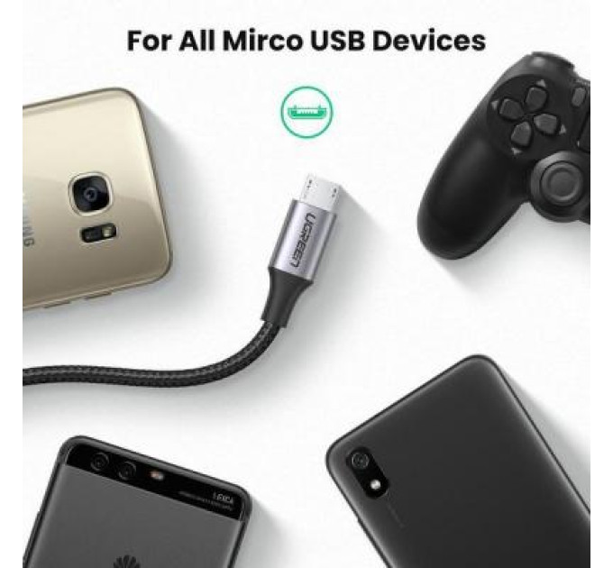Дата кабель USB 2.0 AM to Micro 5P 2.0m US290 Aluminum Braid Black Ugreen (60148)