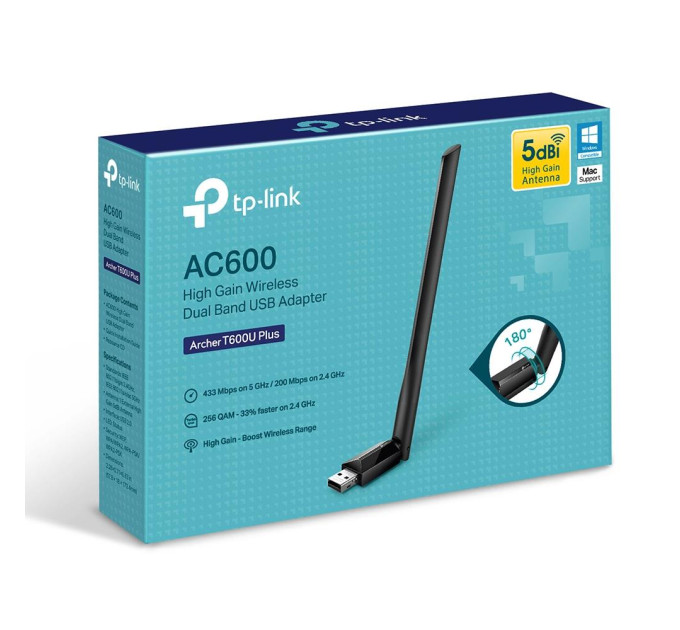 Безпровідний мережевий адаптер  TP-Link Archer T600U Plus (AC600, 5dBi внешняя антенна)