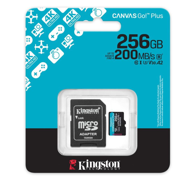 Карта пам'яті MicroSDXC  256GB UHS-I/U3 Class 10 Kingston Canvas Go! Plus R200/W160MB/s + SD-адаптер
