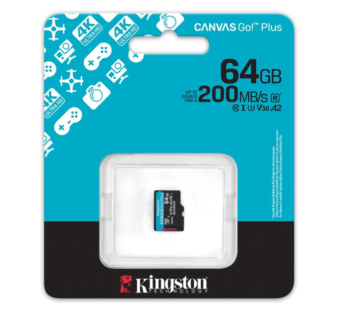 Карта пам'яті MicroSDXC  64GB UHS-I/U3 Class 10 Kingston Canvas Go! Plus R200/W200MB/s (SDCG4/64GBSP)