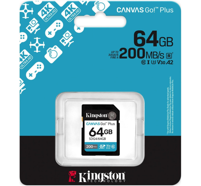 Карта пам'яті  Kingston SDXC 64GB Canvas Go! Plus G4 Class 10 UHS-I U3 V30 (SDG4/64GB)