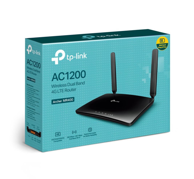 Точка доступу з функцією маршрутизації, мережеве обладнання 1200MBPS 10/100M 4P DUAL BAND ARCHER MR400 TP-LINK