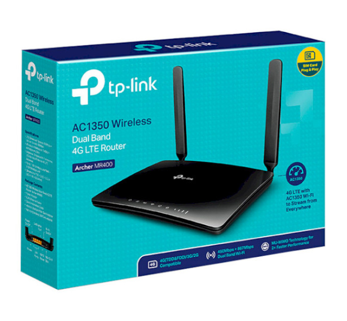 Точка доступу з функцією маршрутизації, мережеве обладнання 1200MBPS 10/100M 4P DUAL BAND ARCHER MR400 TP-LINK