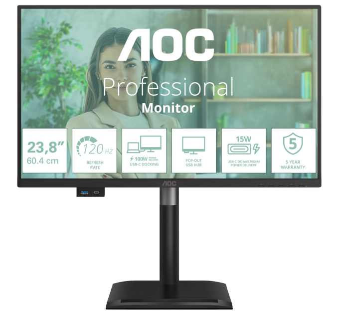 AOC Монiтор TFT AOC 23.8" 24P4CV PS FHD 120Hz HDMI DP USB-C RJ-45 Pivot USB MM Black