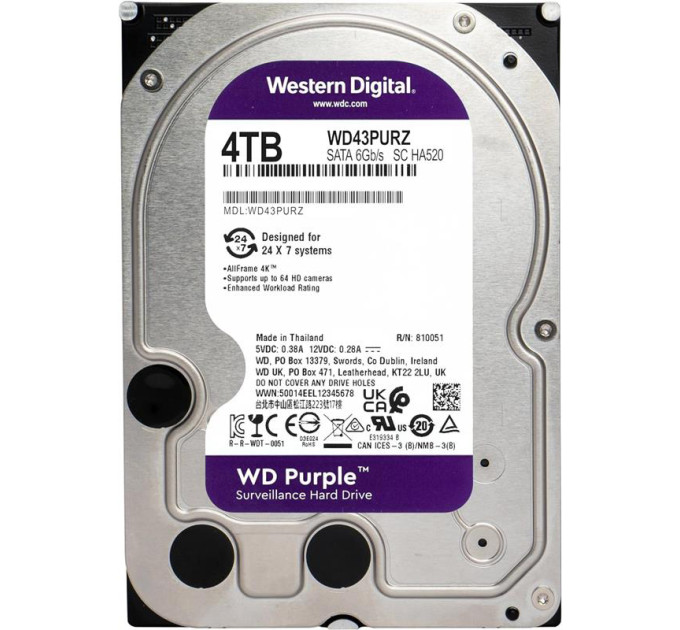 WD Накопичувач HDD SATA 4.0TB WD Purple 5400rpm 256MB (WD43PURZ)