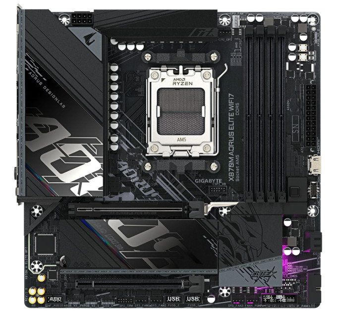GIGABYTE Материнська плата GIGABYTE X870M A ELITE WF7 sAM5 X870 4xDDR5 M.2 Wi-Fi BT HDMI DP mATX