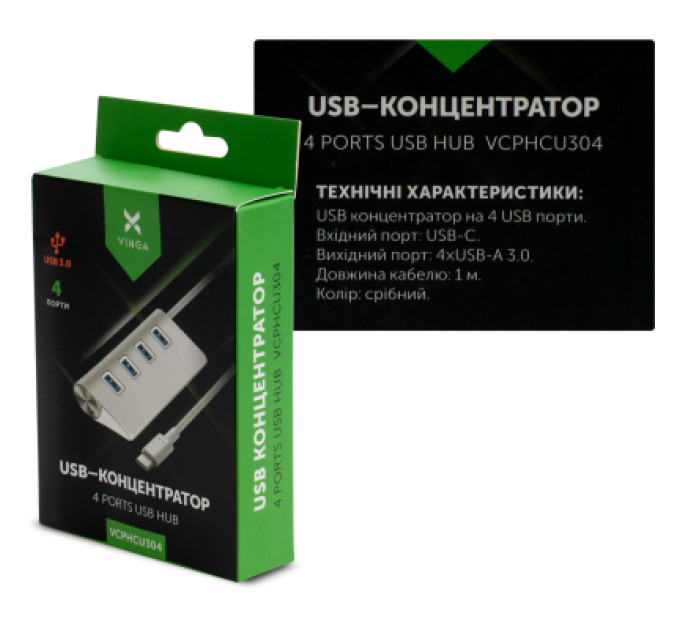 Vinga Концентратор Vinga Type-C to 4*USB3.0 1.0m cable aluminium (VCPHCU304)
