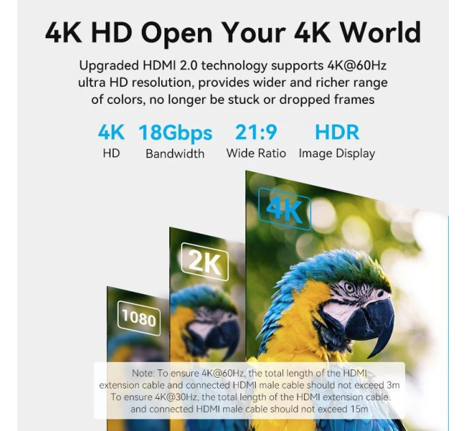 Vention Кабель мультимедійний HDMI M to HDMI F 5.0m V2.0 4K 60Hz PVC Vention (AHCBJ)