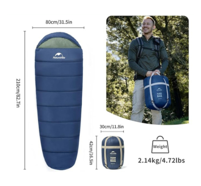 Naturehike Спальний мішок Naturehike з капюшоном MJ600 CNK2300SD014, темно-блакитний (6976507663977)