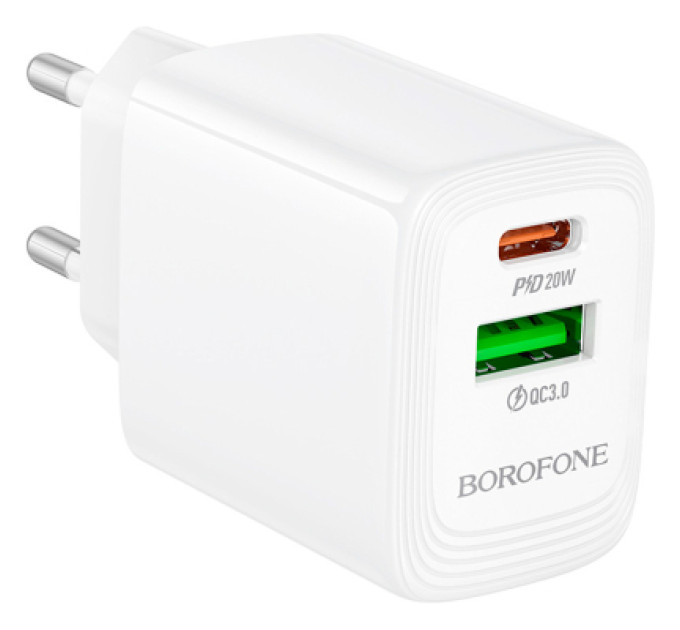 BOROFONE Зарядний пристрій BOROFONE BN27 Fuente 1xUSB-C PD20W + 1xUSB QC3.0 White (6941991120268)