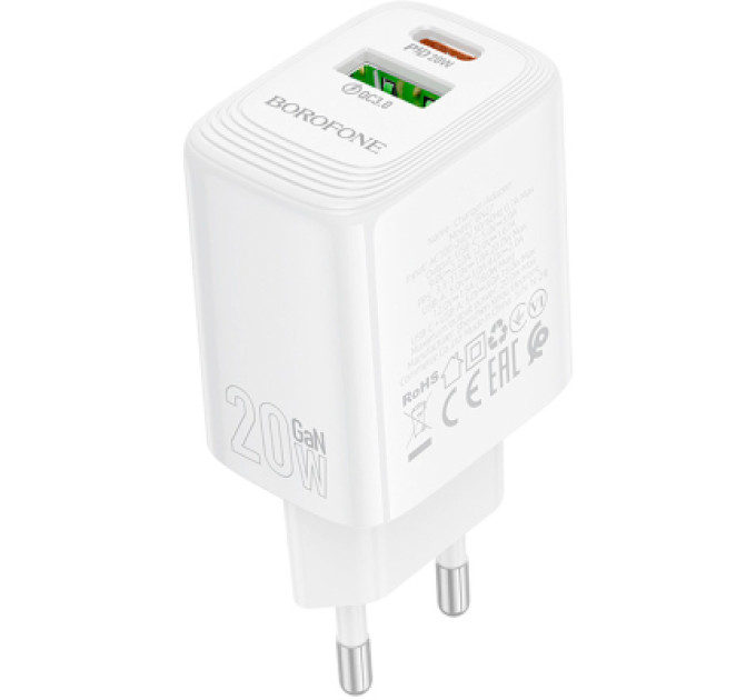 BOROFONE Зарядний пристрій BOROFONE BN27 Fuente 1xUSB-C PD20W + 1xUSB QC3.0 White (6941991120268)