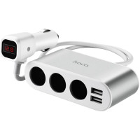 Зарядний пристрій HOCO 2xUSB 10.5W + 3x car socket silver (6957531050896)