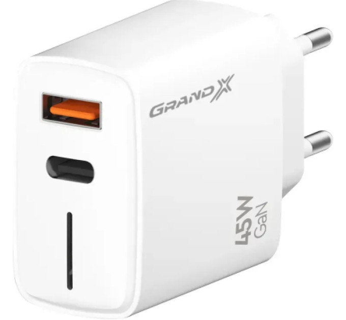 Grand-X Зарядний пристрій Grand-X 1xUSB-C + 1xUSB QC3.0 45W white (CH-460W)