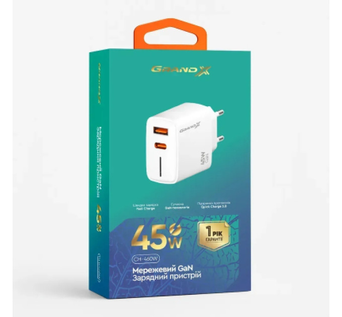 Grand-X Зарядний пристрій Grand-X 1xUSB-C + 1xUSB QC3.0 45W white (CH-460W)