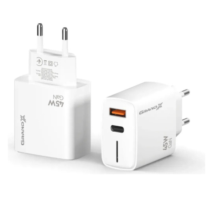 Grand-X Зарядний пристрій Grand-X 1xUSB-C + 1xUSB QC3.0 45W white (CH-460W)