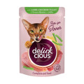 Delickcious Вологий корм для кішок Delickcious Шматочки з ягнятиною, курячим філе і квасолею спаржевою в желе 85 г (4820269143128)