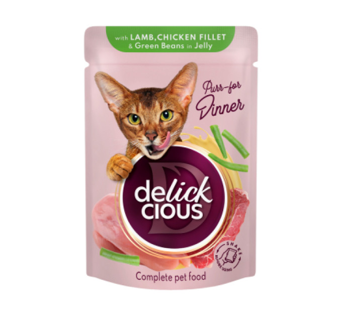 Delickcious Вологий корм для кішок Delickcious Шматочки з ягнятиною, курячим філе і квасолею спаржевою в желе 85 г (4820269143128)