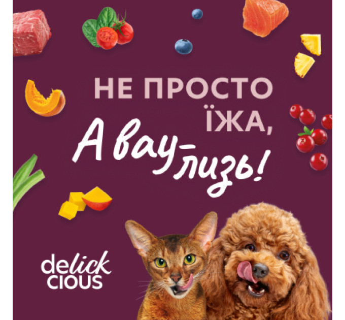 Delickcious Вологий корм для кішок Delickcious Шматочки з ягнятиною, курячим філе і квасолею спаржевою в желе 85 г (4820269143128)