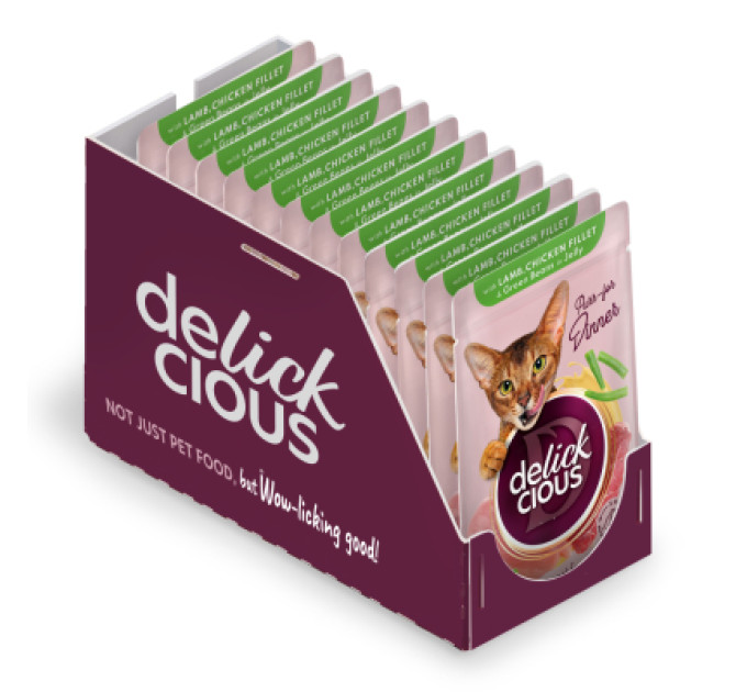 Delickcious Вологий корм для кішок Delickcious Шматочки з ягнятиною, курячим філе і квасолею спаржевою в желе 85 г (4820269143128)