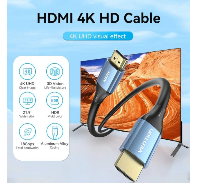 Vention Кабель мультимедійний HDMI M to HDMI M 8.0m V2.0 4K60Hz aluminum alloy blue Vention (ALHSK)