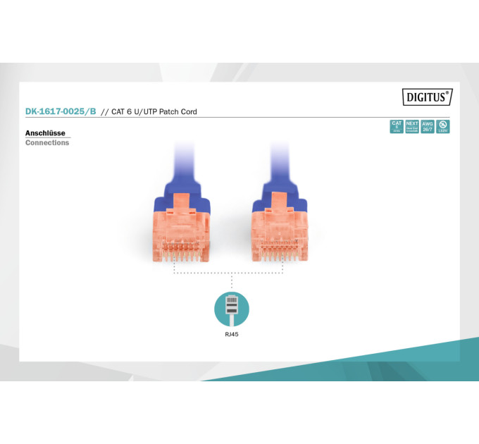 Патч-корд DIGITUS CAT 6 UTP, 0.25м, AWG 26/7, Cu, LSZH, синій
