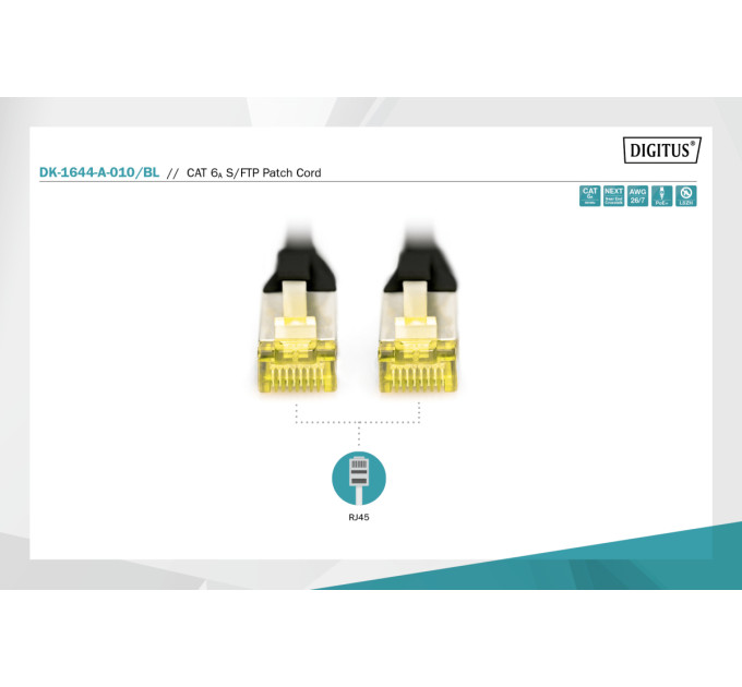 Патч-корд DIGITUS CAT 6a S-FTP, 1м, AWG 26/7, Cu, LSZH, чорний