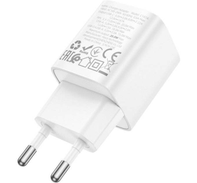 HOCO Зарядний пристрій HOCO C147A Charm 1xUSB-C PD20W + 1xUSB QC3.0 White (6942007630276)