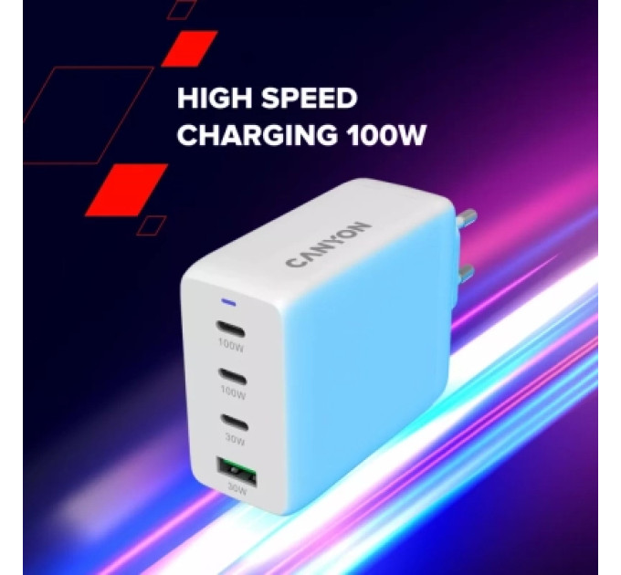Canyon Зарядний пристрій Canyon CU100ACC GaN 100W 3xPD 1xQC EU White (CNS-CUW100ACC)