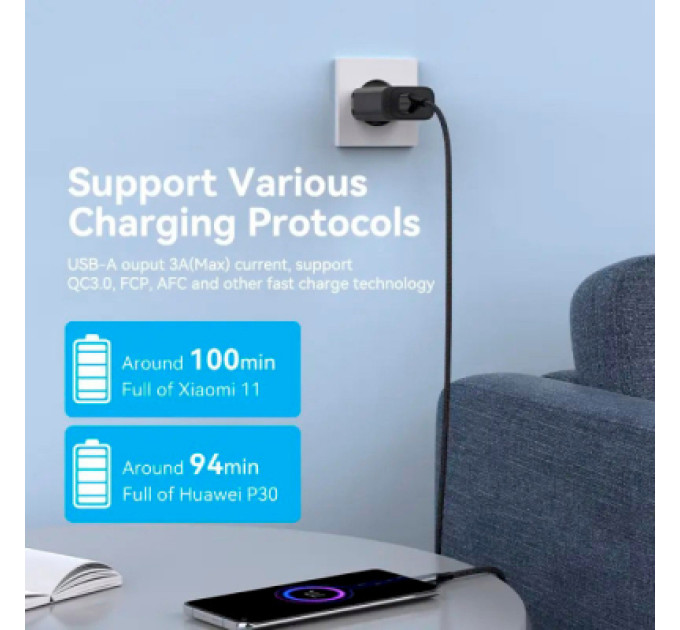 Vention Зарядний пристрій Vention 2xUSB 38W (USB-C+USB-A) PD+QC3.0 black (FBIB0-EU)