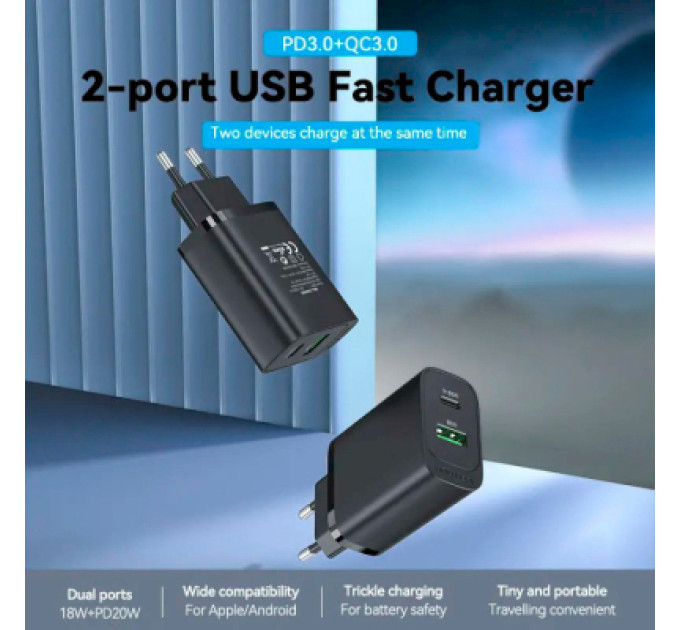 Vention Зарядний пристрій Vention 2xUSB 38W (USB-C+USB-A) PD+QC3.0 black (FBIB0-EU)
