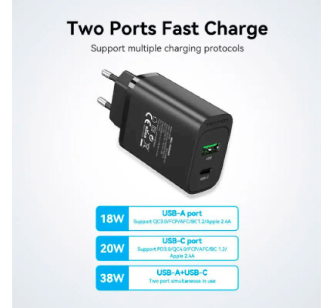 Vention Зарядний пристрій Vention 2xUSB 38W (USB-C+USB-A) PD+QC3.0 black (FBIB0-EU)