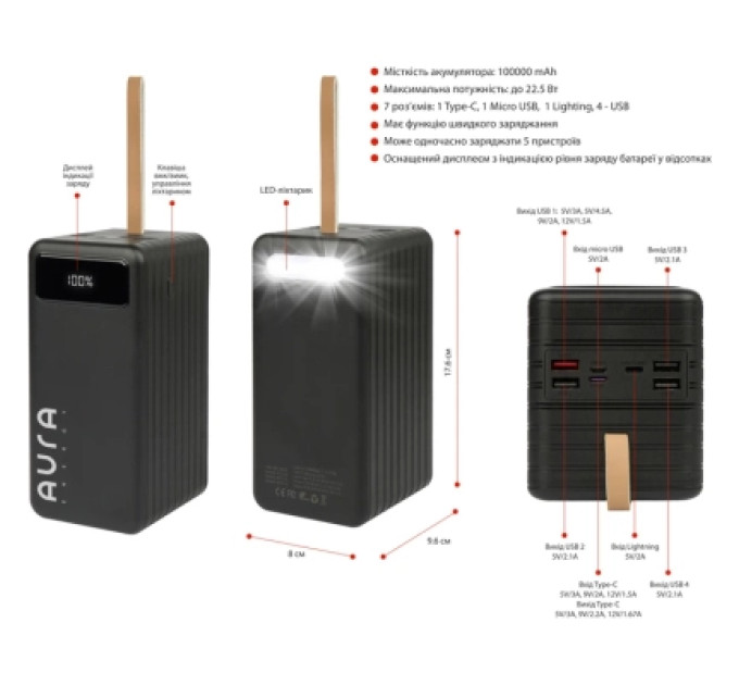 AURA Батарея універсальна AURA NRG-P100 100000mAh 22.5W Black (PBANRG-P100B)