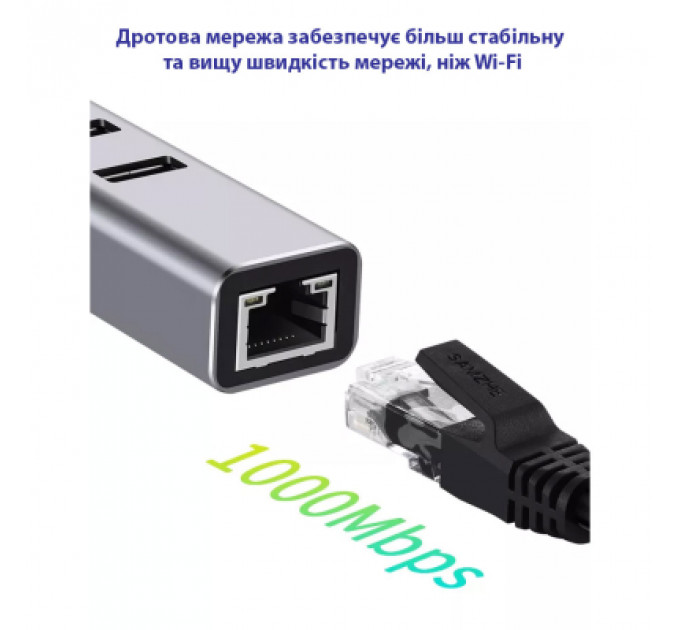 Концентратор USB 3.0 Type-C/Type-A to RJ45 Gigabit Lan, 3*USB 3.0, cable 13 cm Dynamode (DM-AD-GLAN-U3)