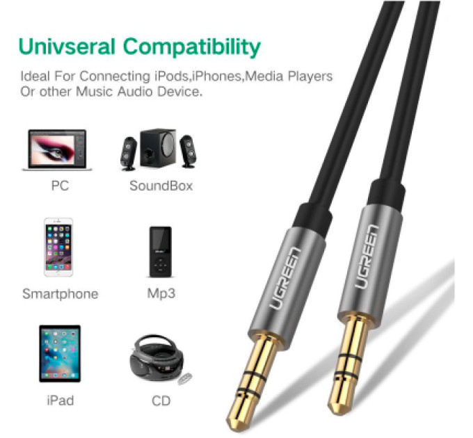 Кабель мультимедійний 3.5mm M to 3.5mm M 0.5m AV119 black Ugreen (10732)