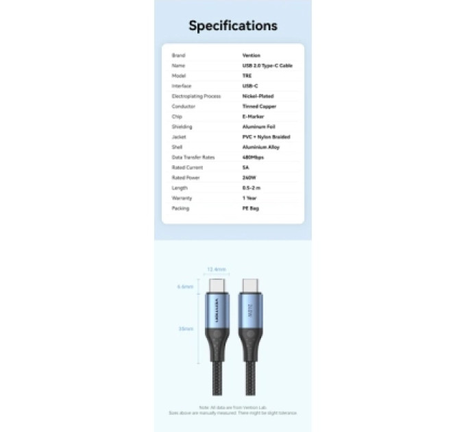 Vention Дата кабель USB 2.0 C Male to C Male 240W Cable 1.5M Black Aluminum Alloy Type VENTION (TREBG)
