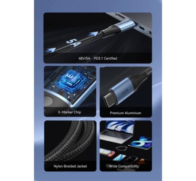 Vention Дата кабель USB 2.0 C Male to C Male 240W Cable 1.5M Black Aluminum Alloy Type VENTION (TREBG)