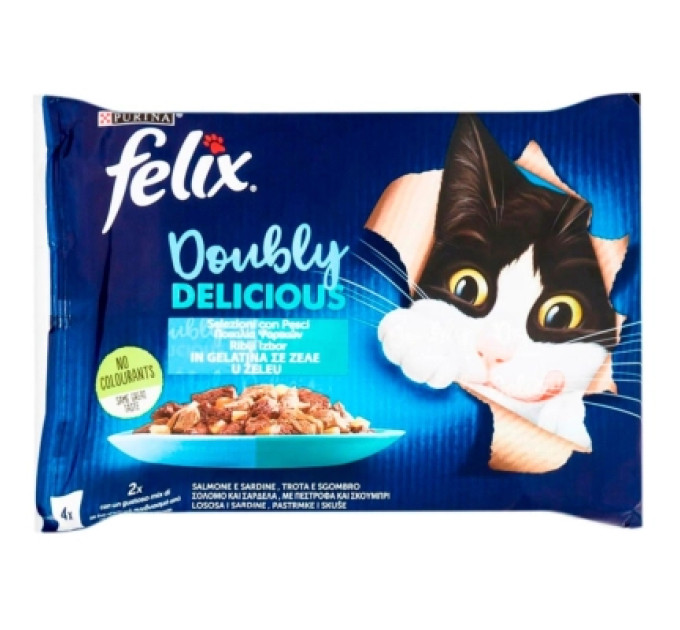 Purina Felix Вологий корм для кішок Purina Felix Doubly Delicious з лососем, сардиною, фореллю та скумбрією 4х85 г (7613287487391)