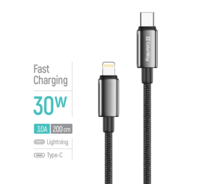 ColorWay Дата кабель USB-C to Lightning 2.0m PD30W zinc alloy braided black ColorWay (CW-CBPDCL099-BK)