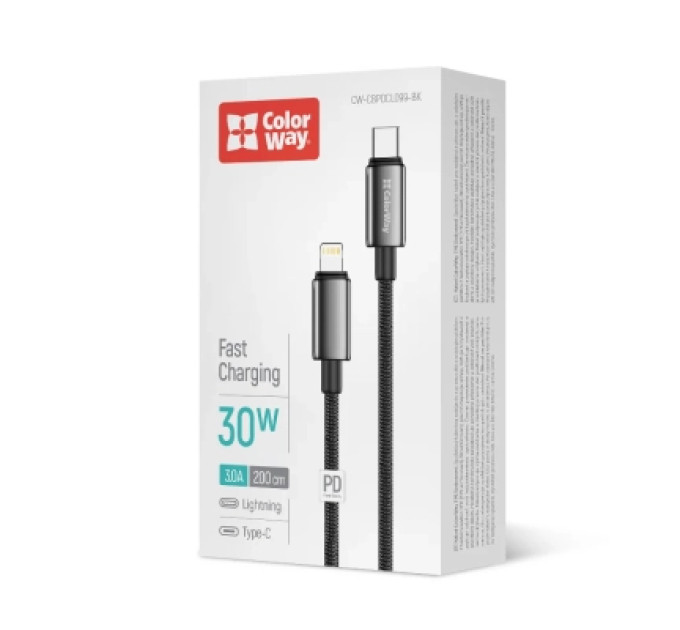 ColorWay Дата кабель USB-C to Lightning 2.0m PD30W zinc alloy braided black ColorWay (CW-CBPDCL099-BK)
