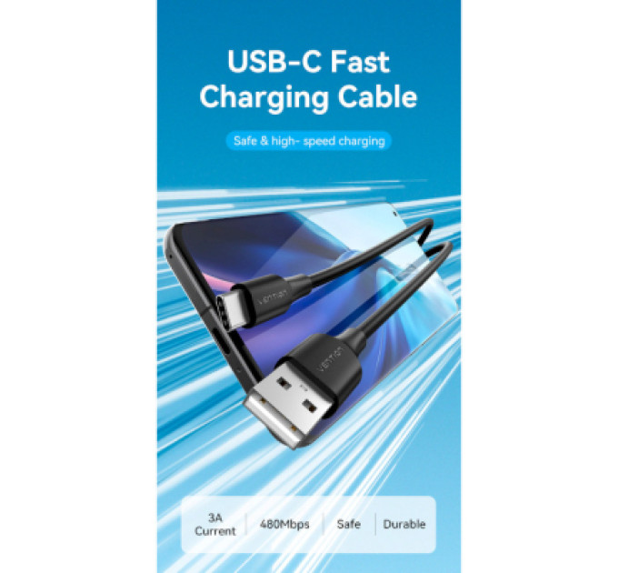 Дата кабель USB 2.0 AM to Type-C 1.5m 3.0A (18W) PVC black Vention (CTHBG)