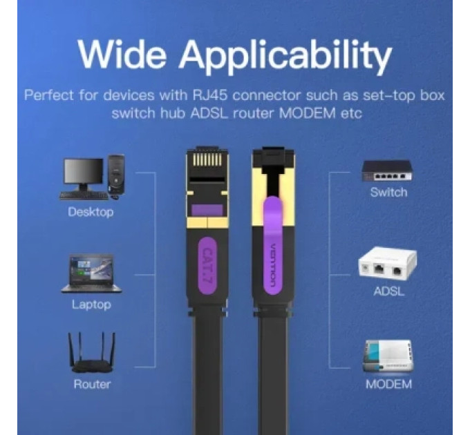 Патч-корд Flat Cat.7 Patch Cable 3M Black VENTION (ICABI)
