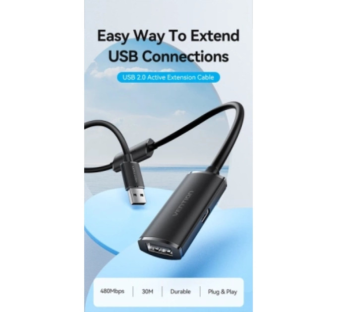 Vention Дата кабель USB 2.0 Type-A Male to Type-A Female Active Extension Cable 10M Black VENTION (CBKBL)