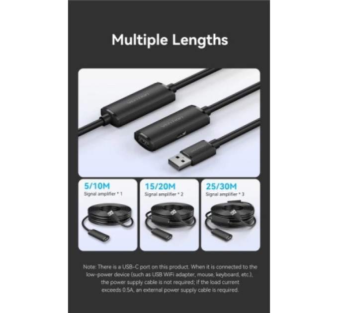 Vention Дата кабель USB 2.0 Type-A Male to Type-A Female Active Extension Cable 10M Black VENTION (CBKBL)