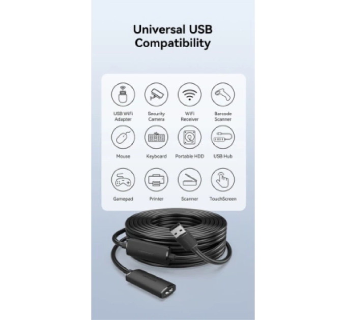 Vention Дата кабель USB 2.0 Type-A Male to Type-A Female Active Extension Cable 10M Black VENTION (CBKBL)