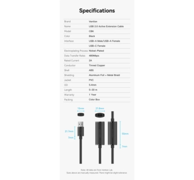 Vention Дата кабель USB 2.0 Type-A Male to Type-A Female Active Extension Cable 10M Black VENTION (CBKBL)
