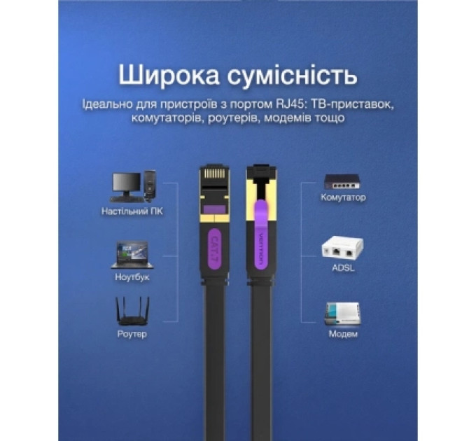 Патч-корд Flat Cat.7 Patch Cable 10M Black Vention (ICABL)