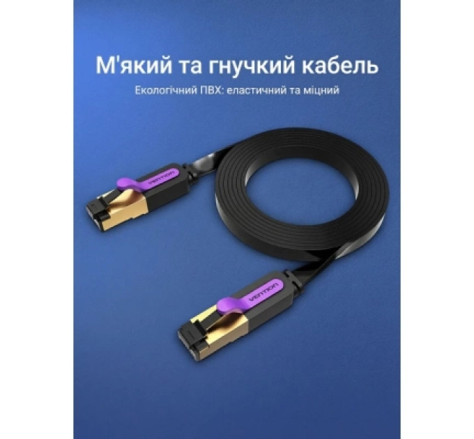 Патч-корд Flat Cat.7 Patch Cable 10M Black Vention (ICABL)
